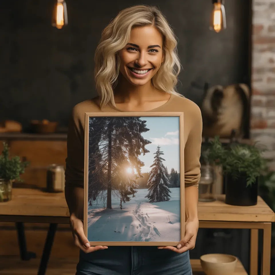 Verschneites Landschafts Poster Sonnenaufgang mit Bäumen und Fußspuren