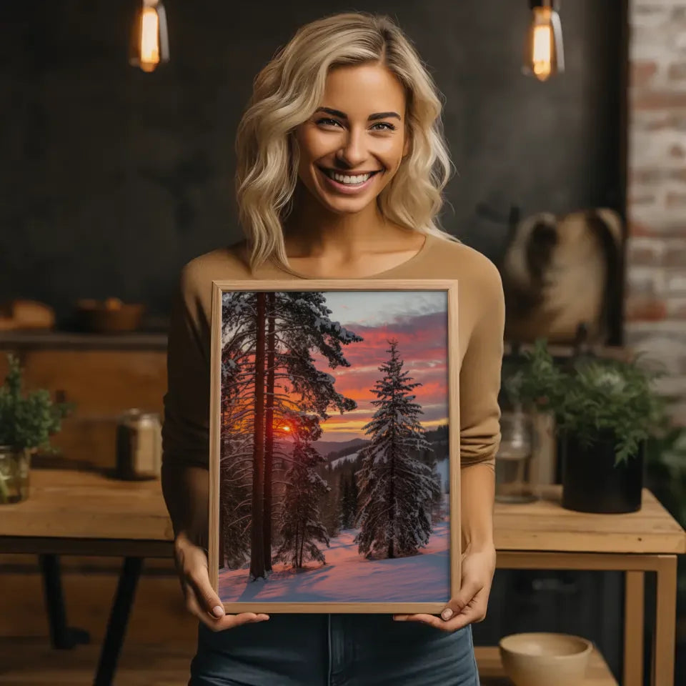 Sonnenaufgang über verschneiter Landschaft Poster in warmen Farben