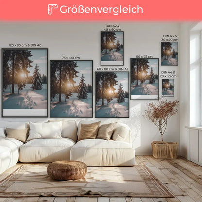 Verschneites Landschafts Poster Sonnenaufgang mit Bäumen und Fußspuren