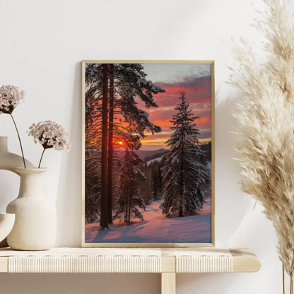 Sonnenaufgang über verschneiter Landschaft Poster in warmen Farben