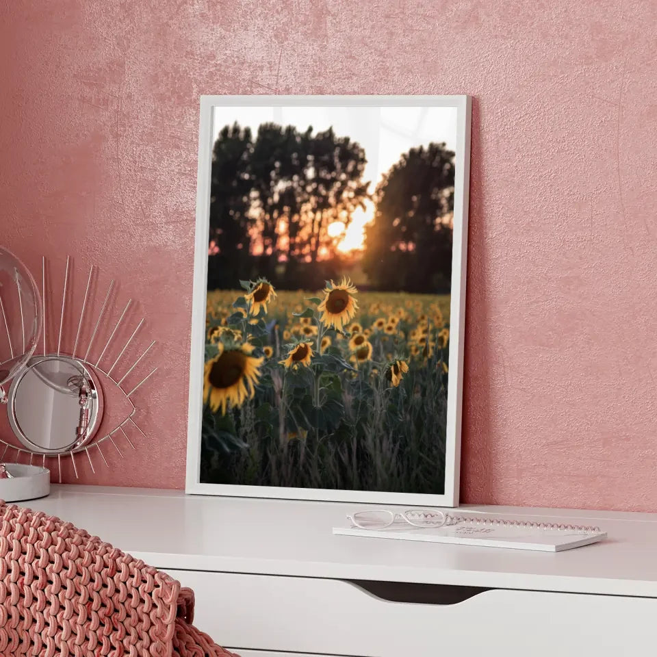 Poster Sonnenblumenfeld bei Sonnenuntergang für Sommerliebhaber