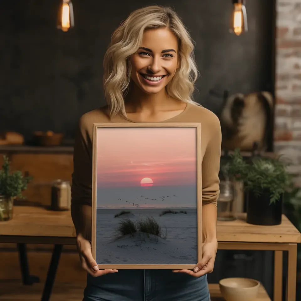 Poster ruhige Achtsamkeitsszene am Sandstrand bei Sonnenuntergang