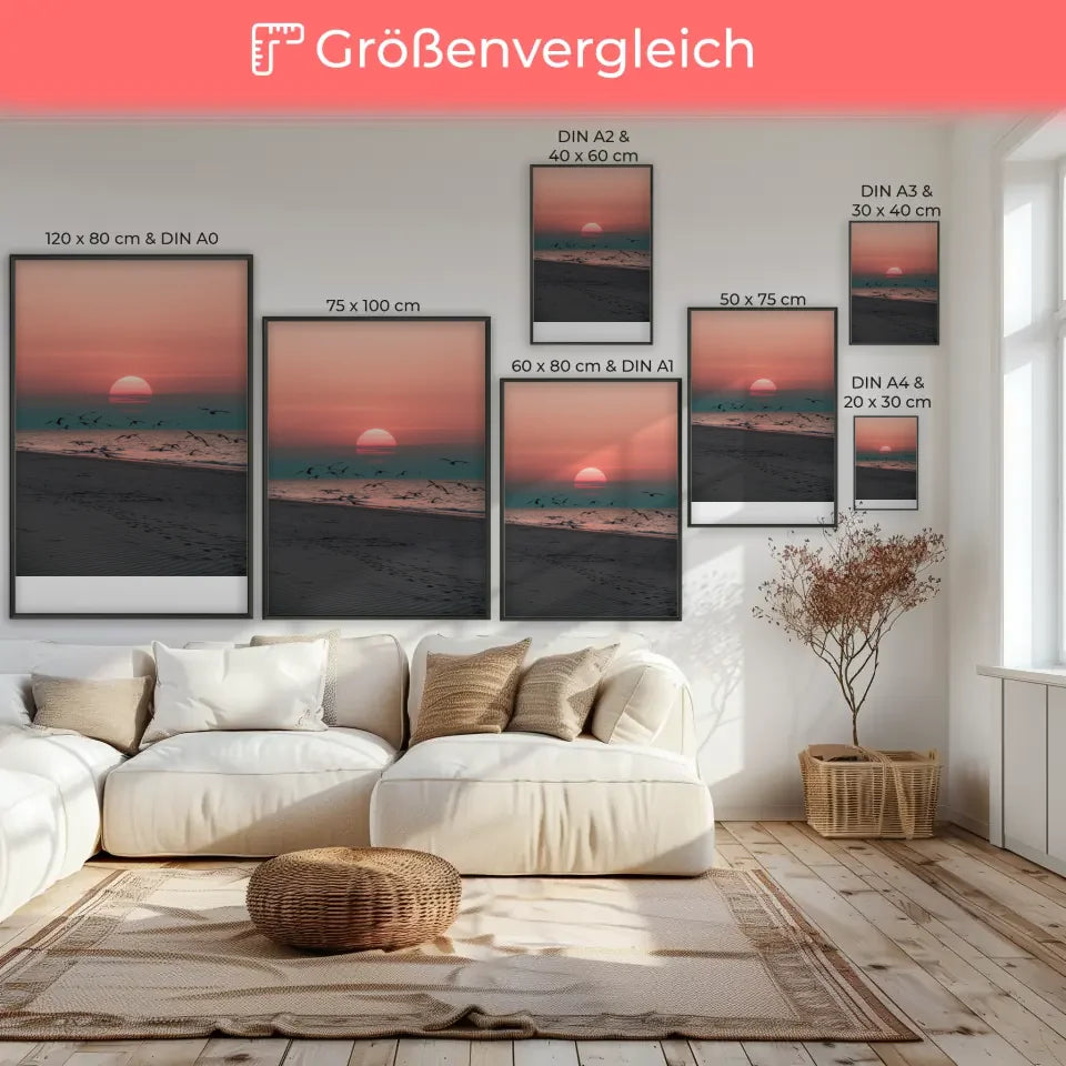 Poster ruhige Achtsamkeitsszene am Sandstrand bei Sonnenuntergang