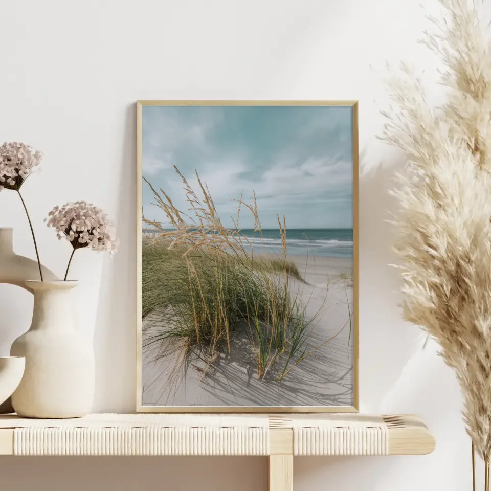 Poster mit Naturmotiv Samtgras Dünen Strand und Meer in Nahaufnahme