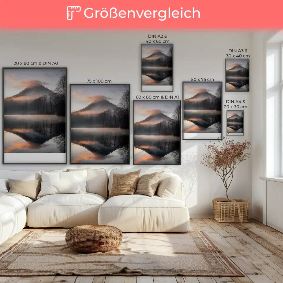 Poster von ruhiger Naturlandschaft mit Sonnenaufgang über dem See