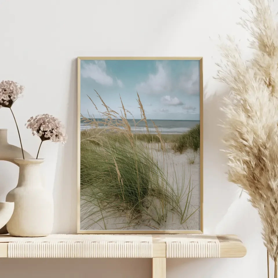 Poster mit Naturmotiv Samtgras Dünen Strand und Meer in Nahaufnahme