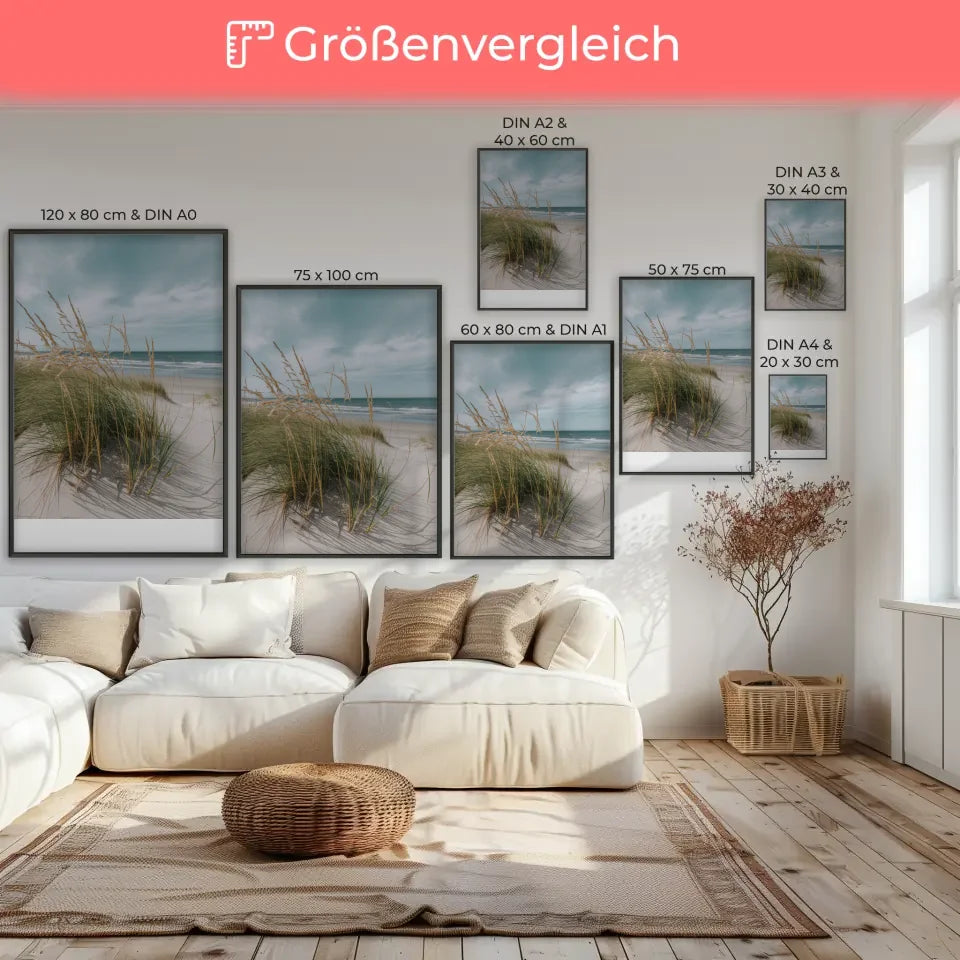 Poster mit Naturmotiv Samtgras Dünen Strand und Meer in Nahaufnahme