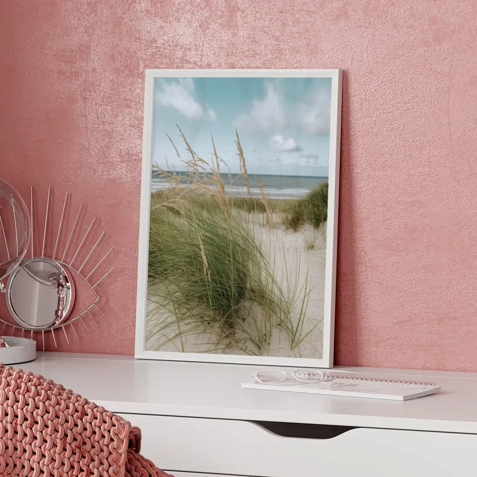 Poster mit Naturmotiv Samtgras Dünen Strand und Meer in Nahaufnahme