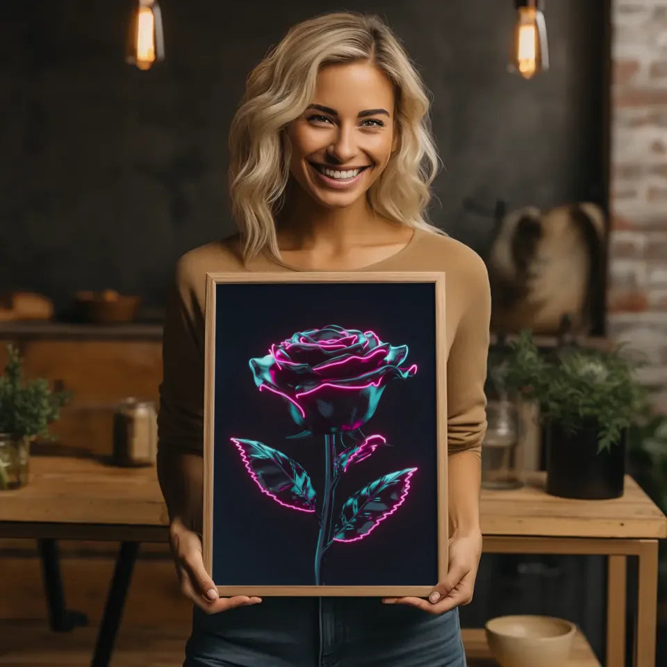 Schwarze Rose Poster mit neonrosa Akzenten 2