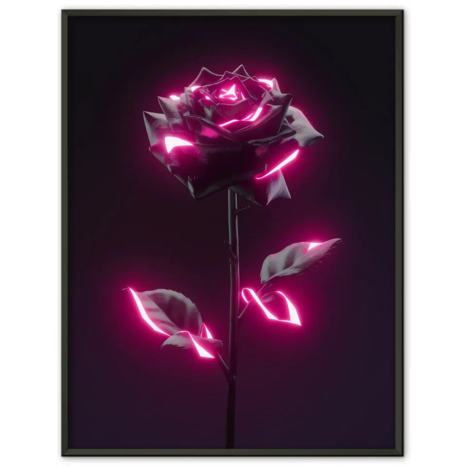 Poster mit schwarzer Rose und rosa Neonakzenten für faszinierende Dekoration