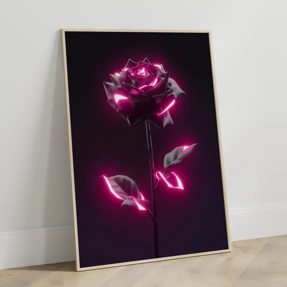 Poster mit schwarzer Rose und rosa Neonakzenten für faszinierende Dekoration