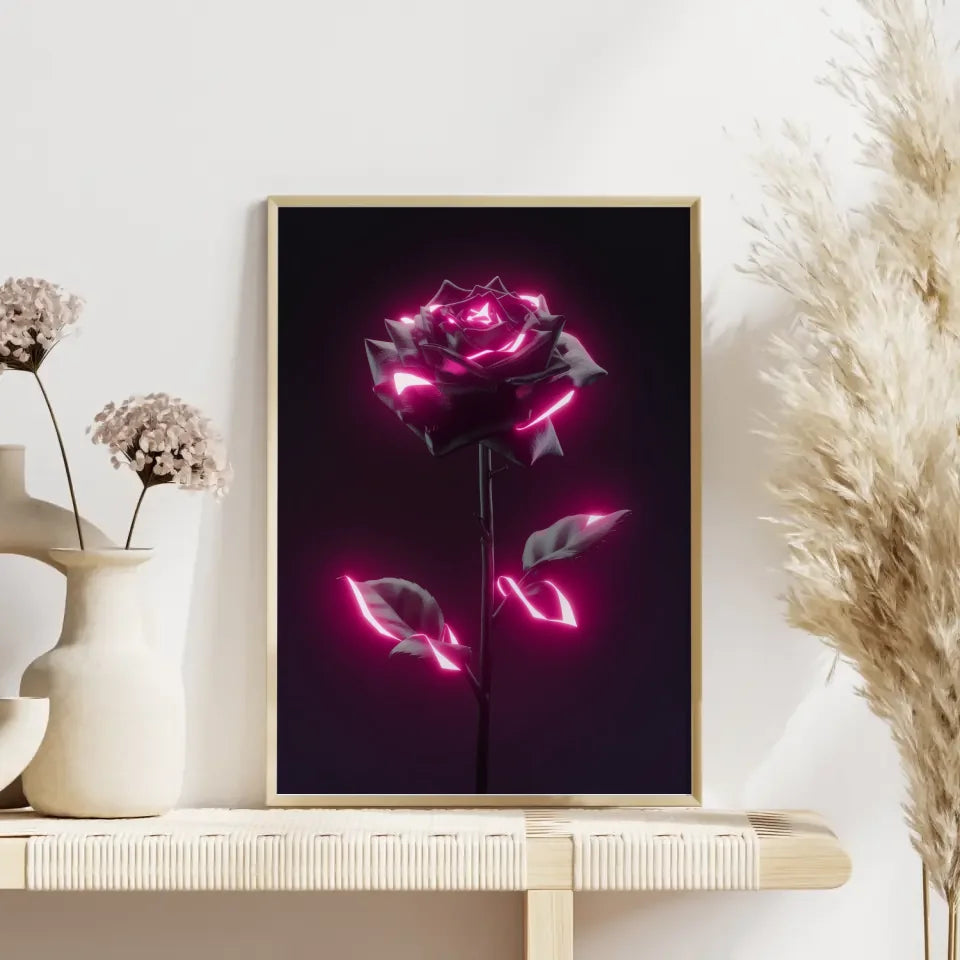 Poster mit schwarzer Rose und rosa Neonakzenten für faszinierende Dekoration