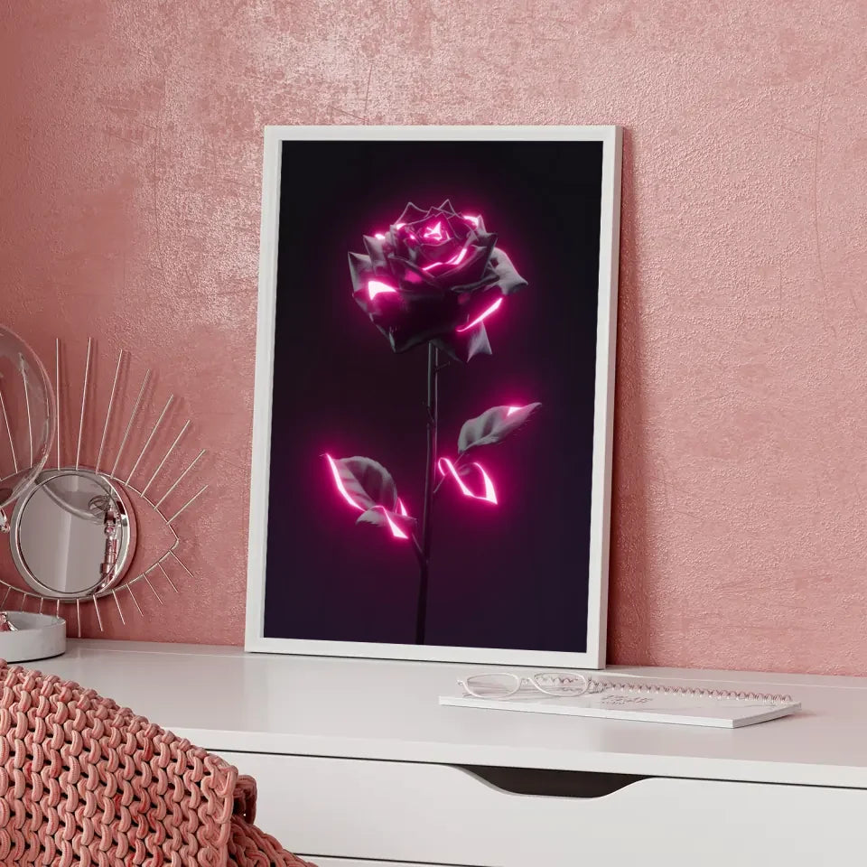 Poster mit schwarzer Rose und rosa Neonakzenten für faszinierende Dekoration