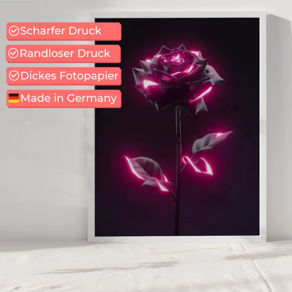 Poster mit schwarzer Rose und rosa Neonakzenten für faszinierende Dekoration