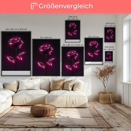 Poster mit schwarzer Rose und rosa Neonakzenten für faszinierende Dekoration