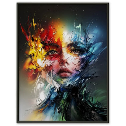 Abstraktes Poster einer Frau mit lebendigen Farben und 3D-Effekt 1