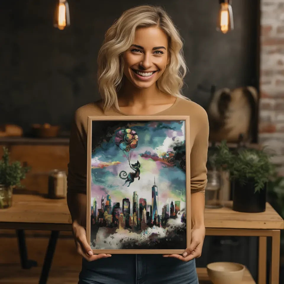 Surreales Aquarell Poster mit Fantasy Skyline von New York