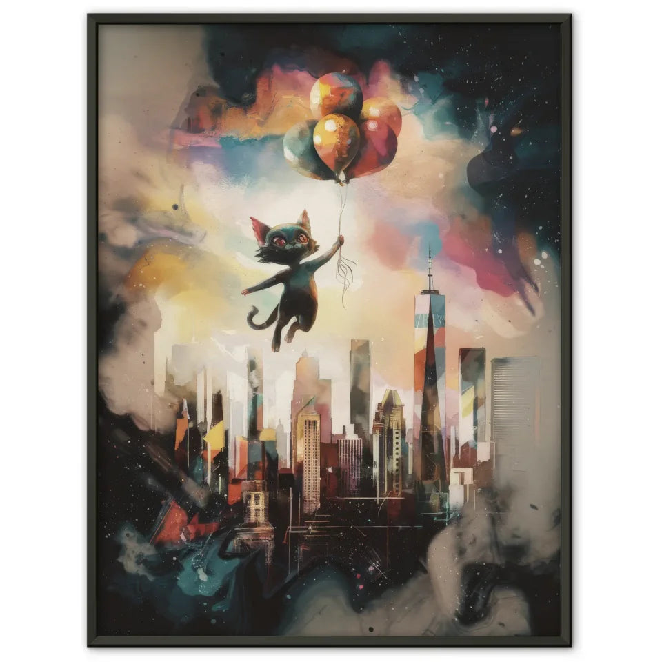 Surrealistisches Poster mit Katze und New Yorker Skyline