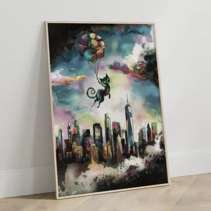 Surreales Aquarell Poster mit Fantasy Skyline von New York