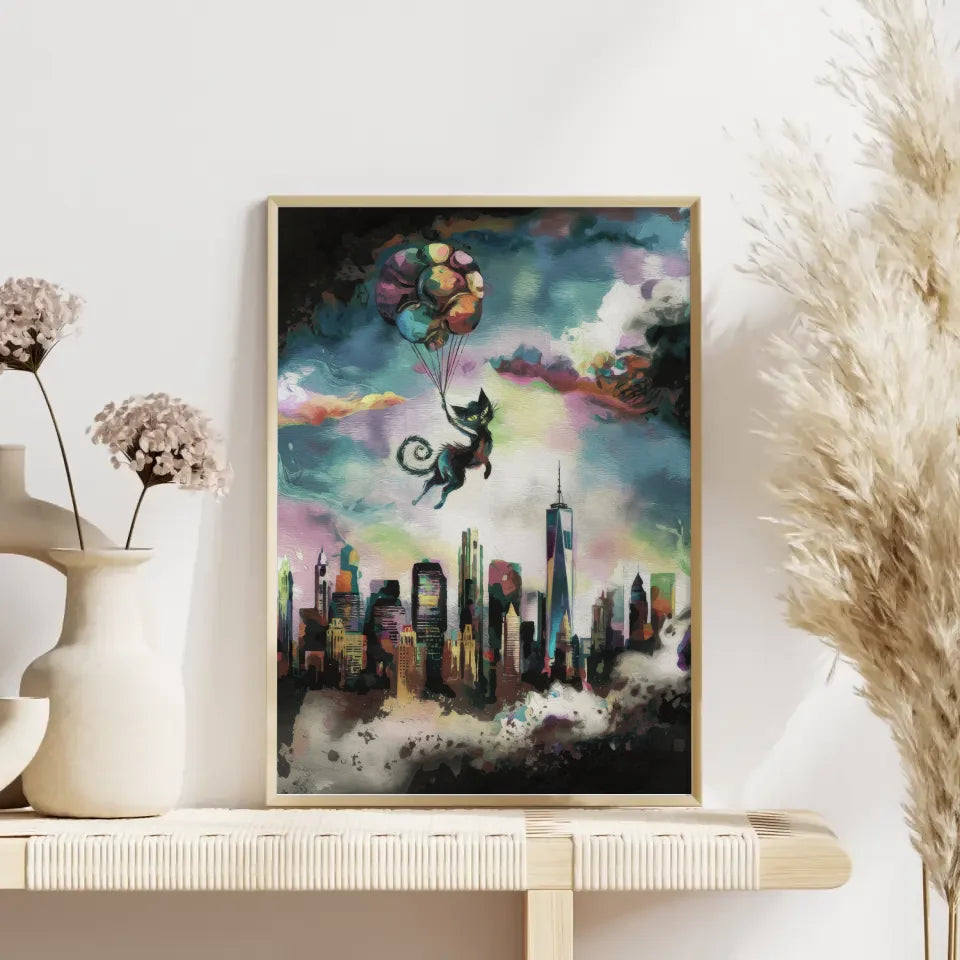 Surreales Aquarell Poster mit Fantasy Skyline von New York