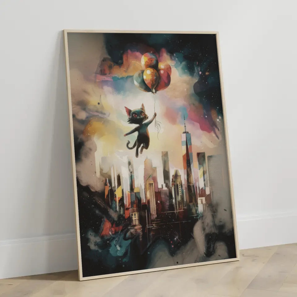 Surrealistisches Poster mit Katze und New Yorker Skyline