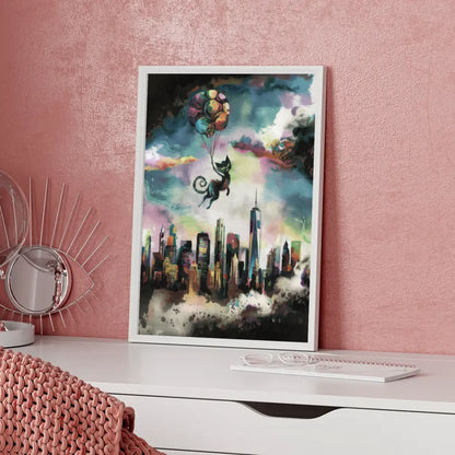 Surreales Aquarell Poster mit Fantasy Skyline von New York