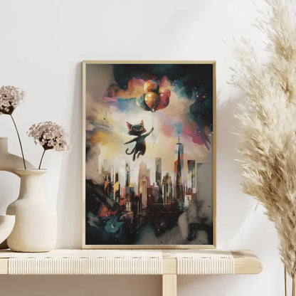 Surrealistisches Poster mit Katze und New Yorker Skyline