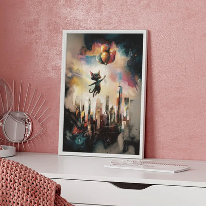 Surrealistisches Poster mit Katze und New Yorker Skyline