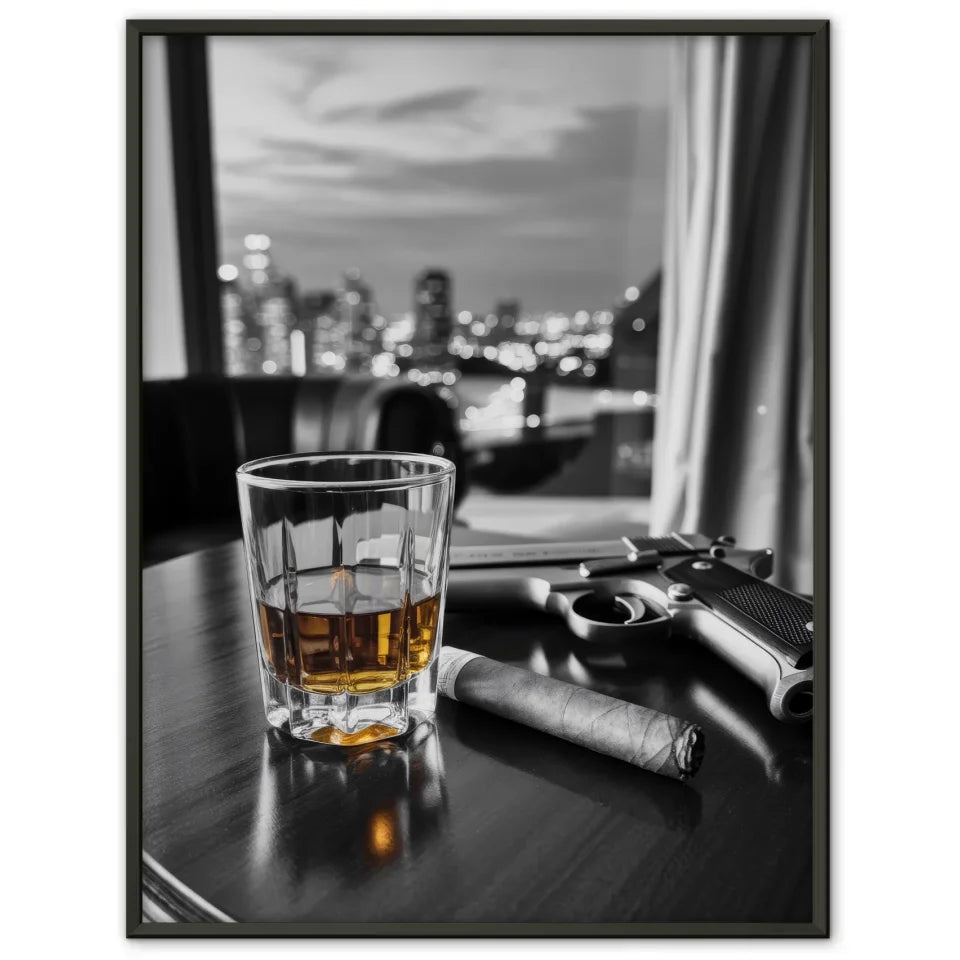 Elegantes Poster Whiskyglas Zigarre Colt Pistole Nachtstadt 1
