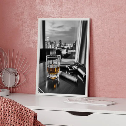 Elegantes Poster Whiskyglas Zigarre Colt Pistole Nachtstadt 5