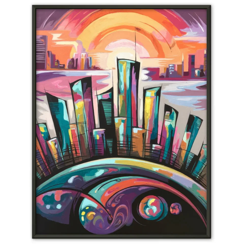 Fantasievolle Stadt Silhouette Poster mit leuchtenden Farben 1