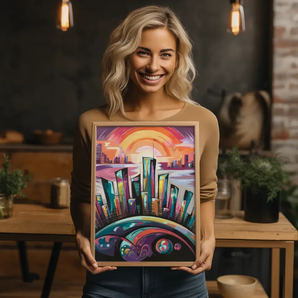 Fantasievolle Stadt Silhouette Poster mit leuchtenden Farben 2