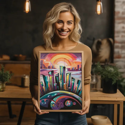 Fantasievolle Stadt Silhouette Poster mit leuchtenden Farben 2