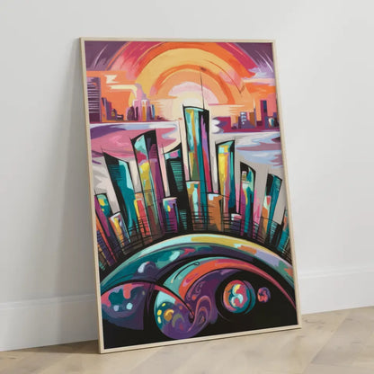 Fantasievolle Stadt Silhouette Poster mit leuchtenden Farben 3