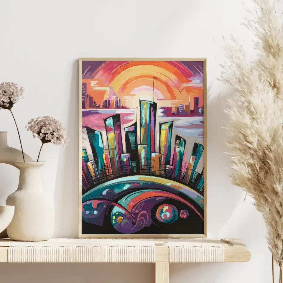 Fantasievolle Stadt Silhouette Poster mit leuchtenden Farben 4
