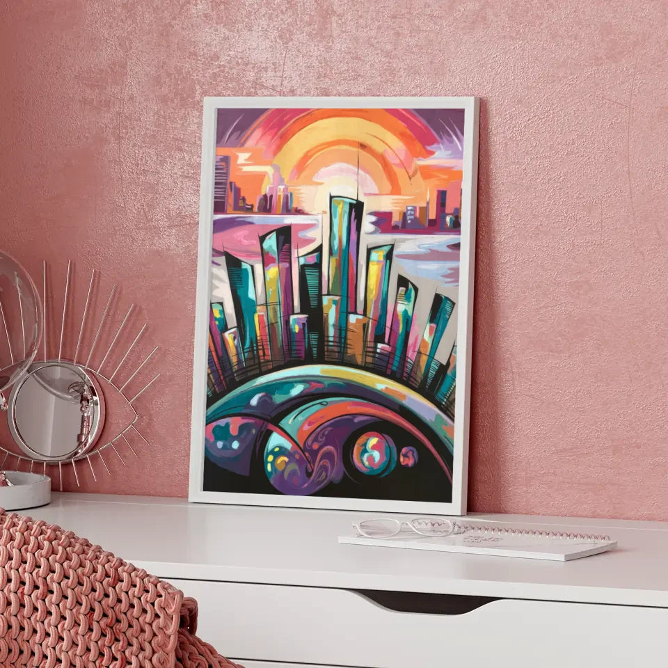 Fantasievolle Stadt Silhouette Poster mit leuchtenden Farben 5