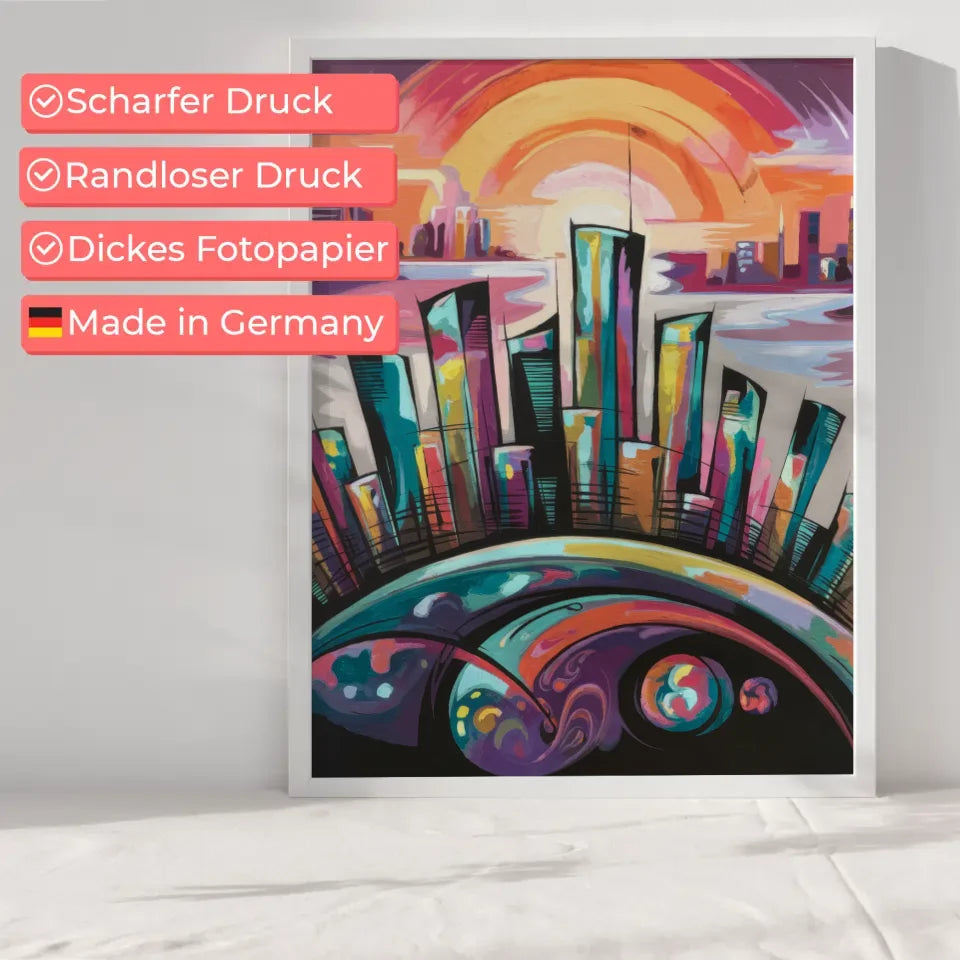 Fantasievolle Stadt Silhouette Poster mit leuchtenden Farben 6