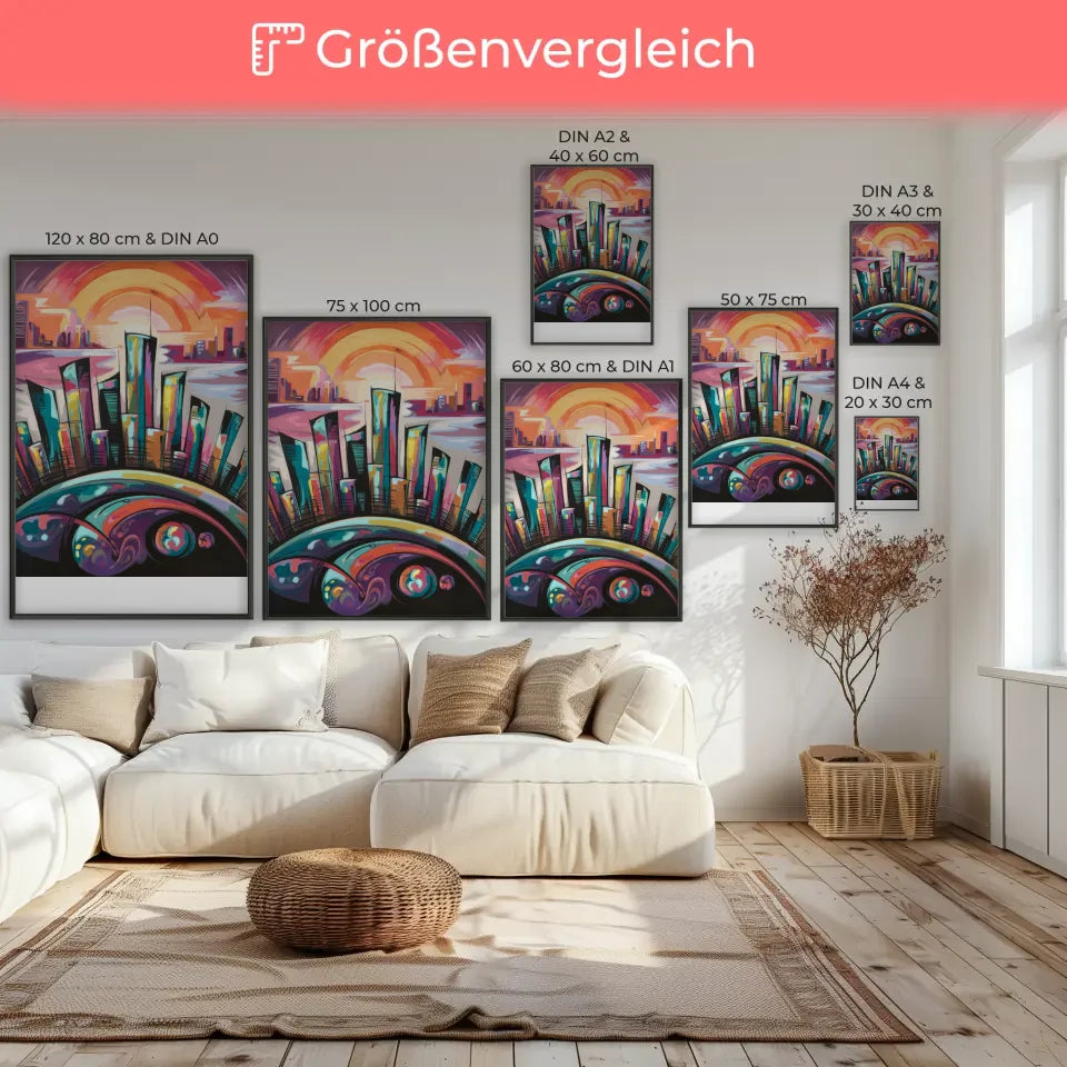Fantasievolle Stadt Silhouette Poster mit leuchtenden Farben 7