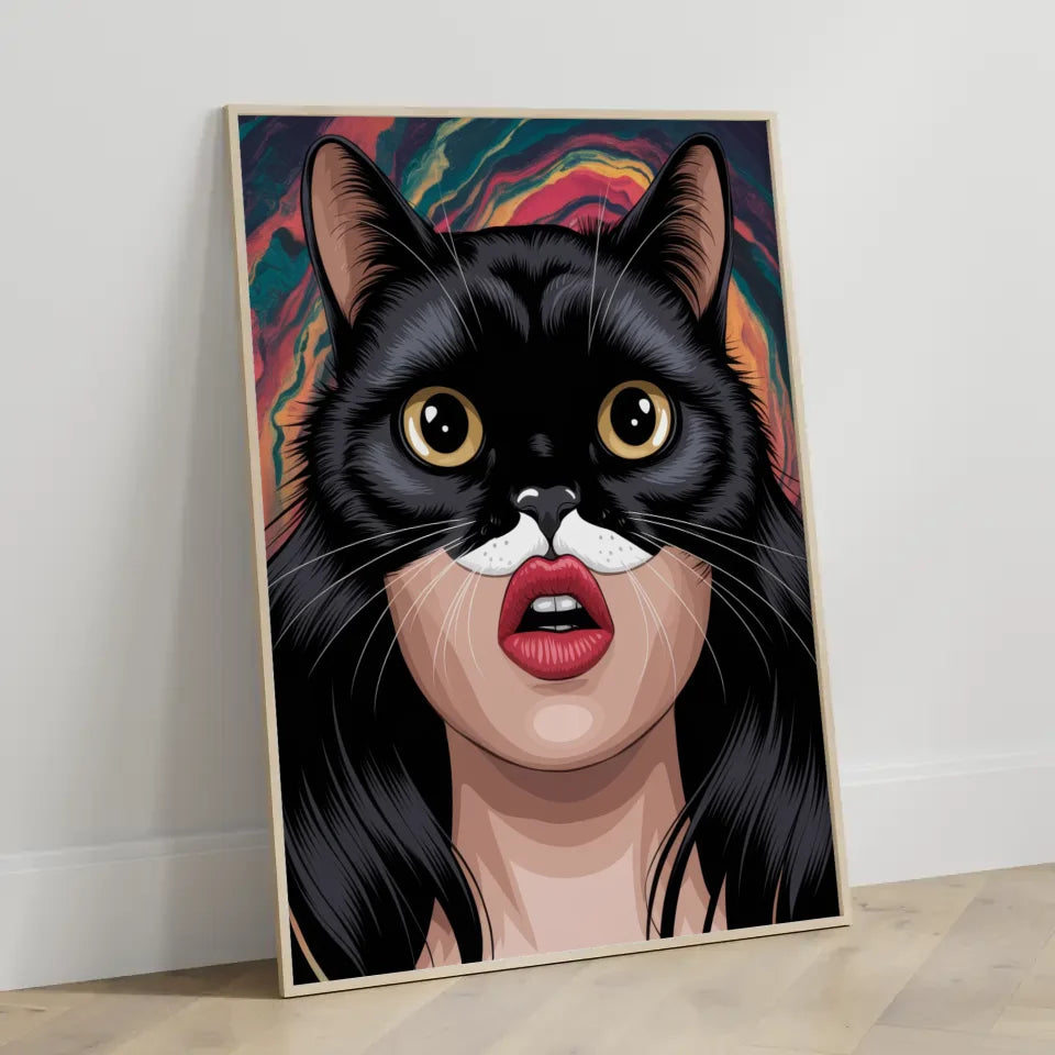 Poster mit Anime Katze und Lippenkunst in lebendigen Farben