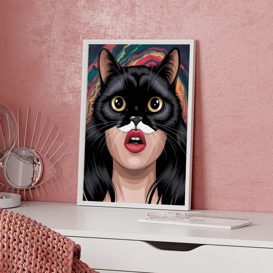 Poster mit Anime Katze und Lippenkunst in lebendigen Farben