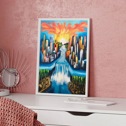 Vibrantes Poster mit Stadtlandschaft im neoexpressionistischen Stil