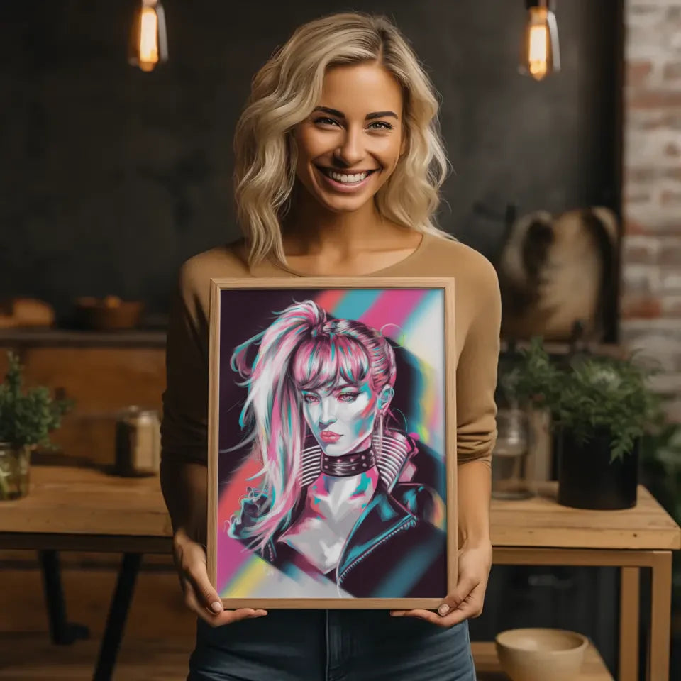 Futuristischer Cyberpunk Poster mit Frau und Haaren 2
