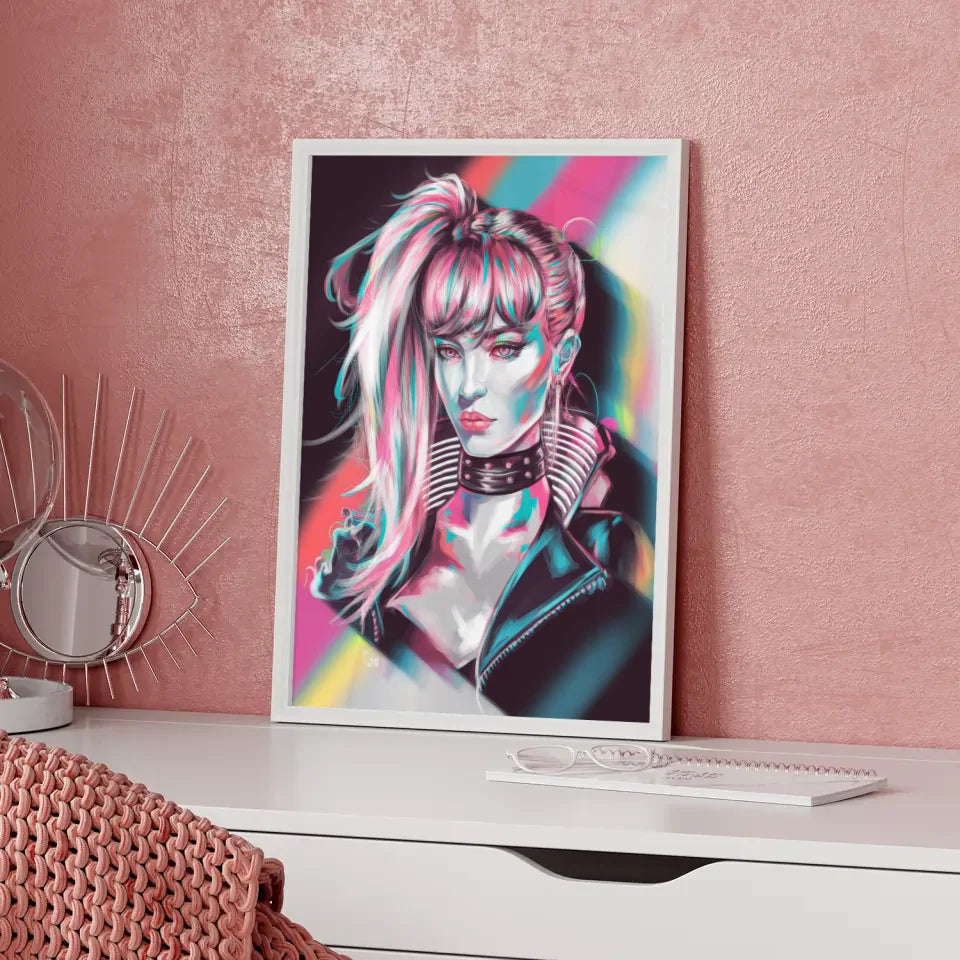 Futuristischer Cyberpunk Poster mit Frau und Haaren 5