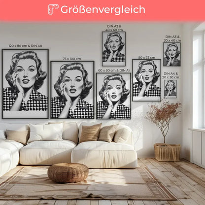 Schwarz-Weiß Poster einer glamourösen Frau aus den 50ern