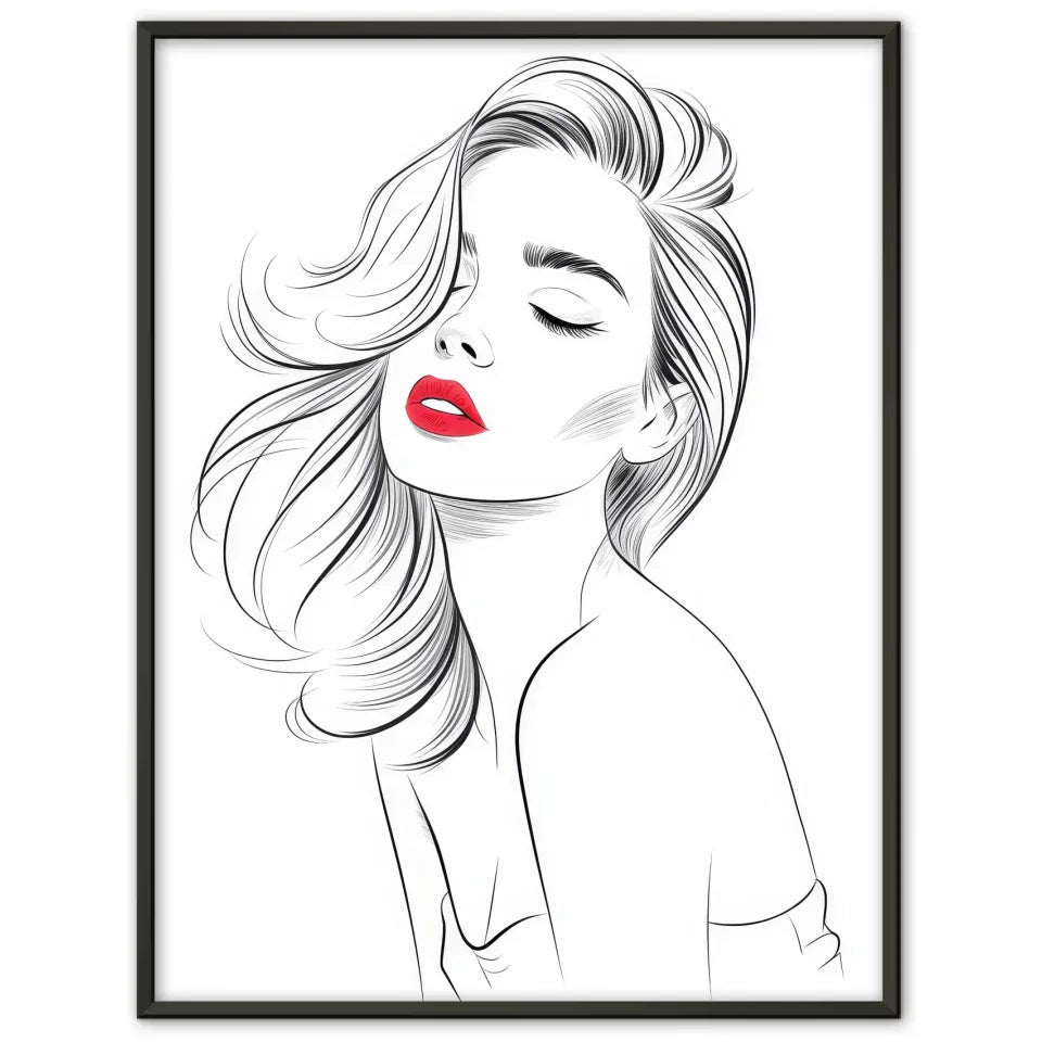 Elegantes Poster einer Frau mit rotem Lippenstift im Schwarz-Weiß 1