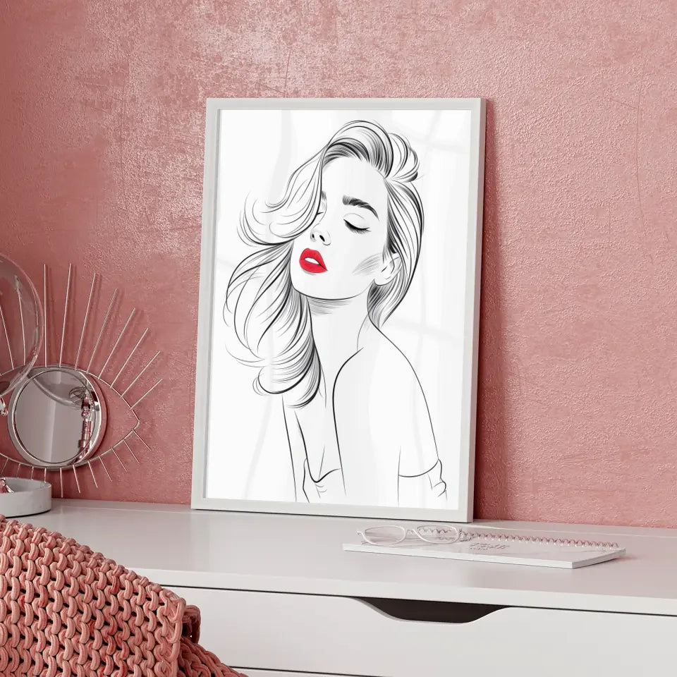 Elegantes Poster einer Frau mit rotem Lippenstift im Schwarz-Weiß 5
