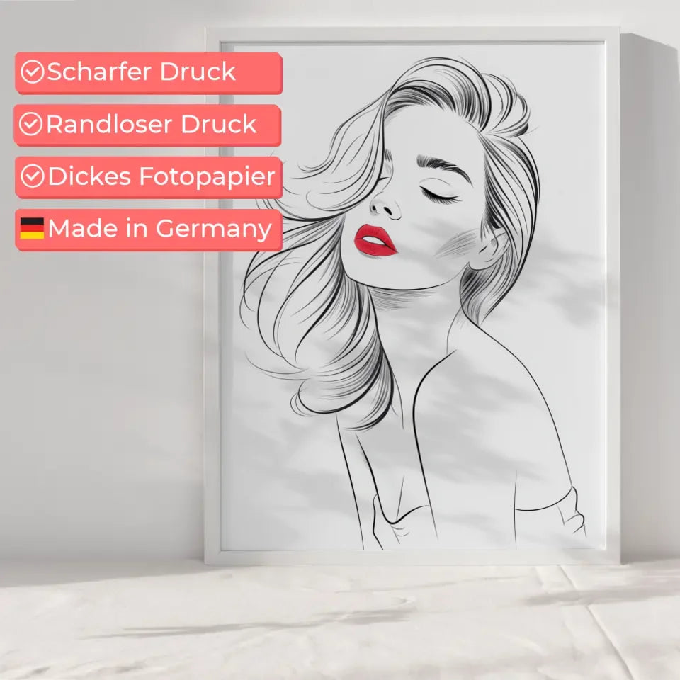 Elegantes Poster einer Frau mit rotem Lippenstift im Schwarz-Weiß 6