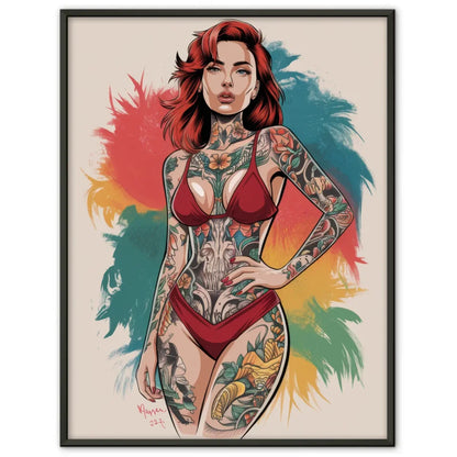 Kreativer Poster einer Frau im roten Bikini mit Tattoo 1