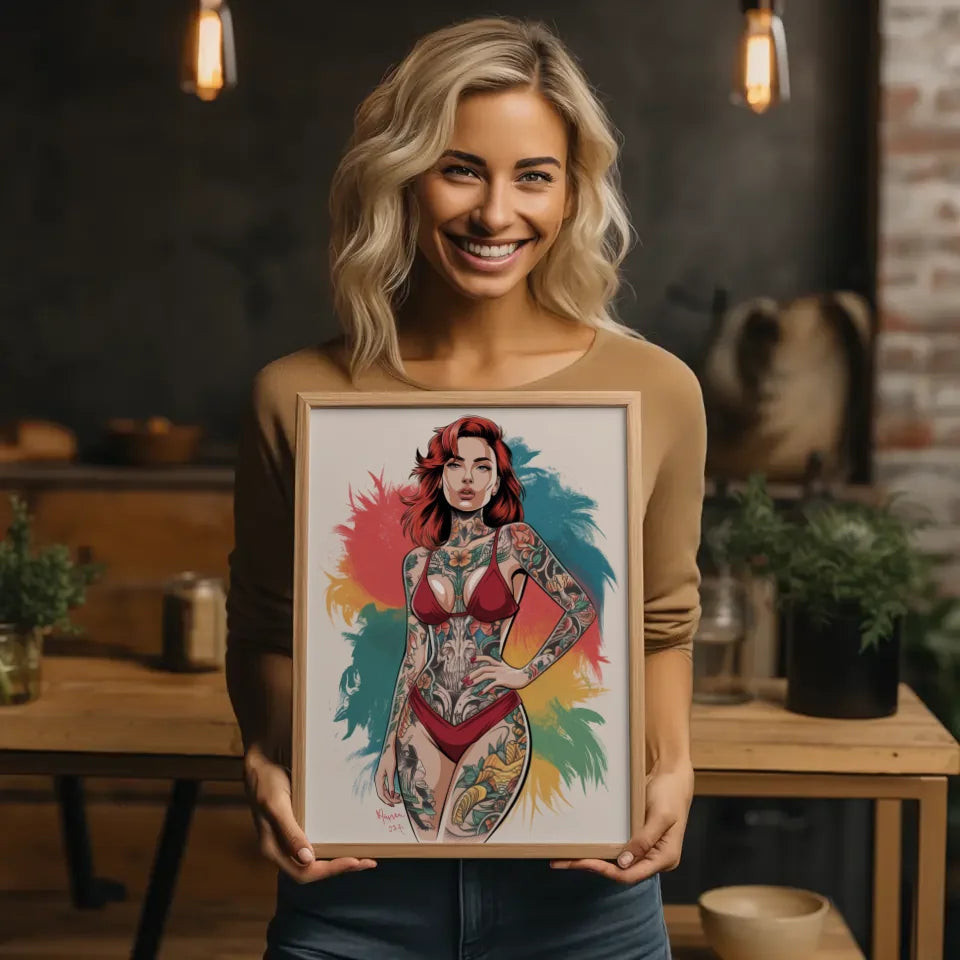 Kreativer Poster einer Frau im roten Bikini mit Tattoo 2