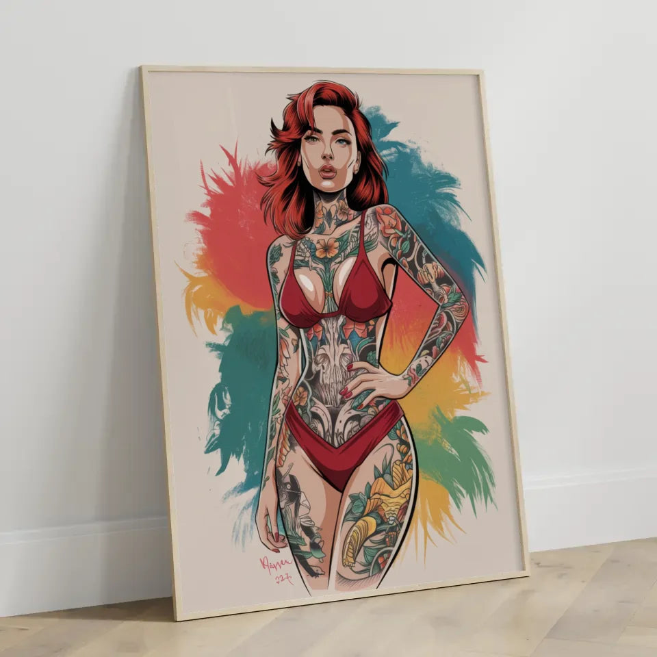 Kreativer Poster einer Frau im roten Bikini mit Tattoo 3